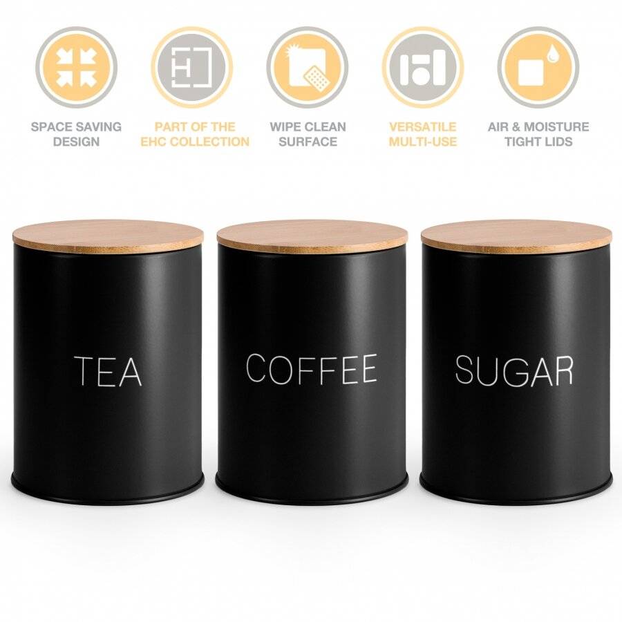 Set of 3 Tea,Coffee & Sugar Metal Jars With Airtight Bamboo Lid, Black