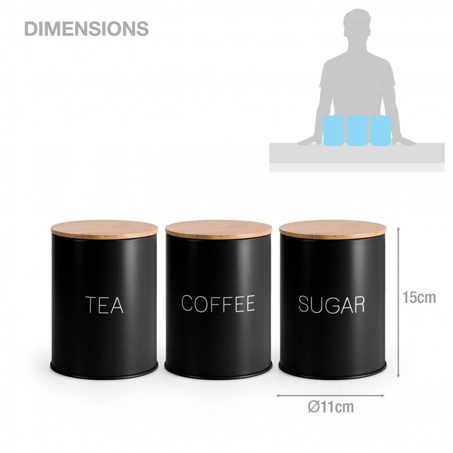 Set of 3 Tea,Coffee & Sugar Metal Jars With Airtight Bamboo Lid, Black