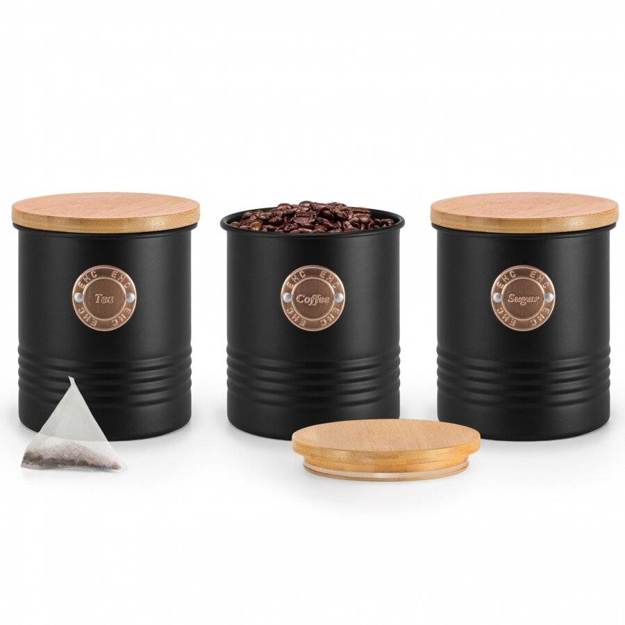 Set of 3 Tea, Coffee & Sugar Metal Jars With Airtight Bamboo Lid,Black