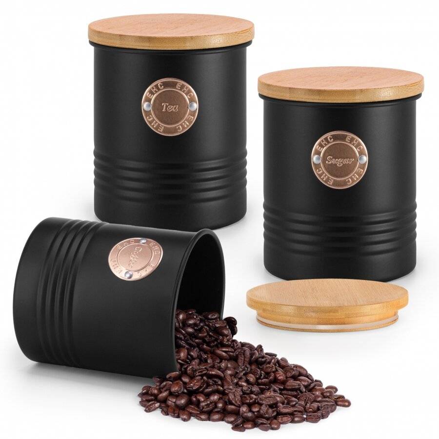 Set of 3 Tea, Coffee & Sugar Metal Jars With Airtight Bamboo Lid,Black