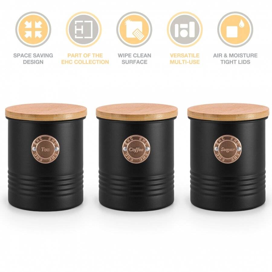 Set of 3 Tea, Coffee & Sugar Metal Jars With Airtight Bamboo Lid,Black