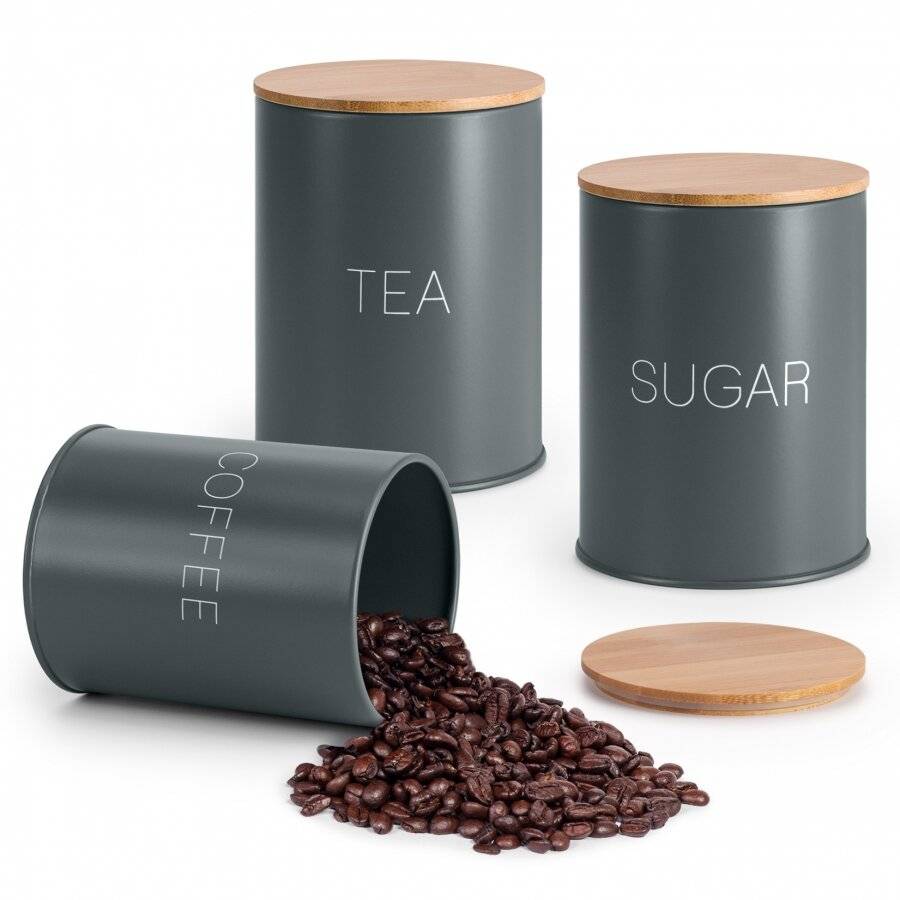 Set of 3 Tea, Coffee & Sugar Metal Jars With Airtight Bamboo Lid, Grey