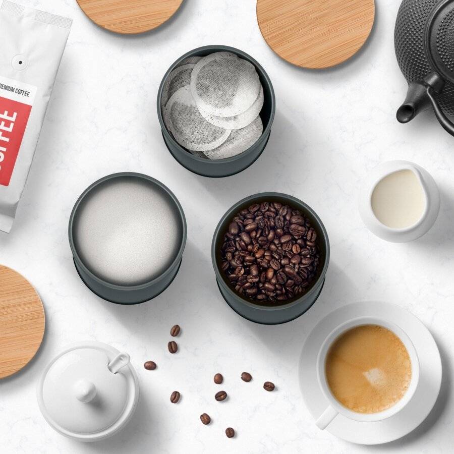 Set of 3 Tea, Coffee & Sugar Metal Jars With Airtight Bamboo Lid, Grey