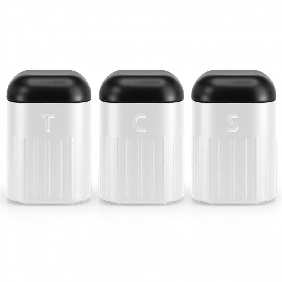 Set of 3 Tea, Coffee & Sugar Metal Jars With Curved Lid, White & Black