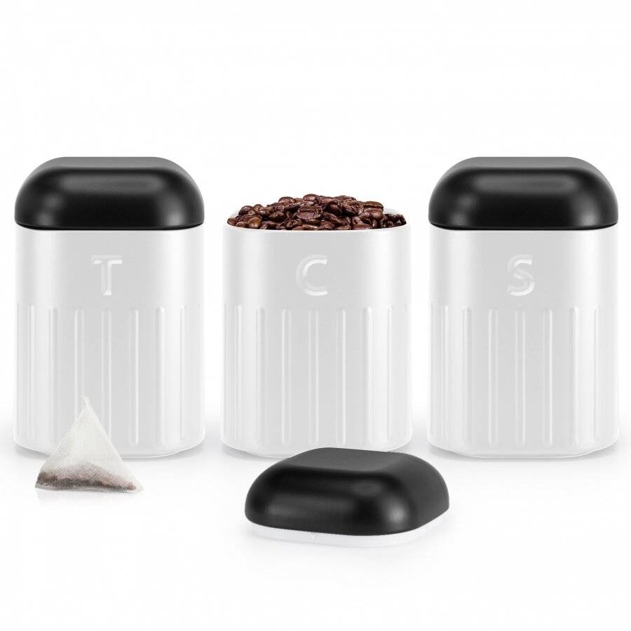 Set of 3 Tea, Coffee & Sugar Metal Jars With Curved Lid, White & Black