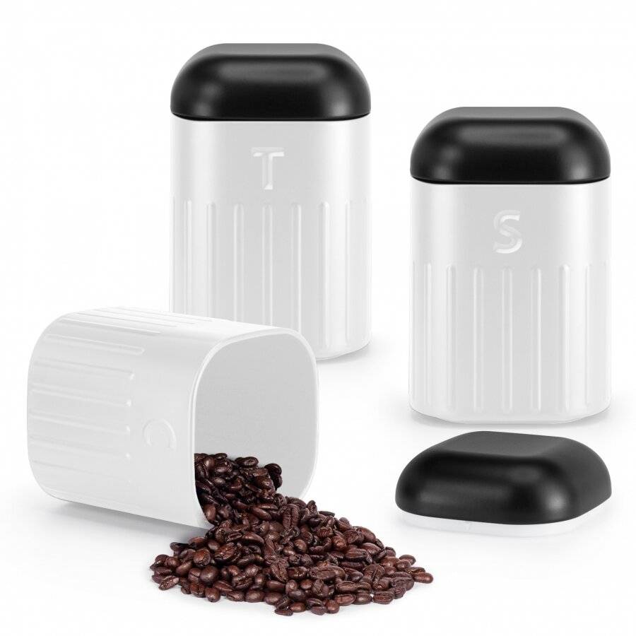 Set of 3 Tea, Coffee & Sugar Metal Jars With Curved Lid, White & Black