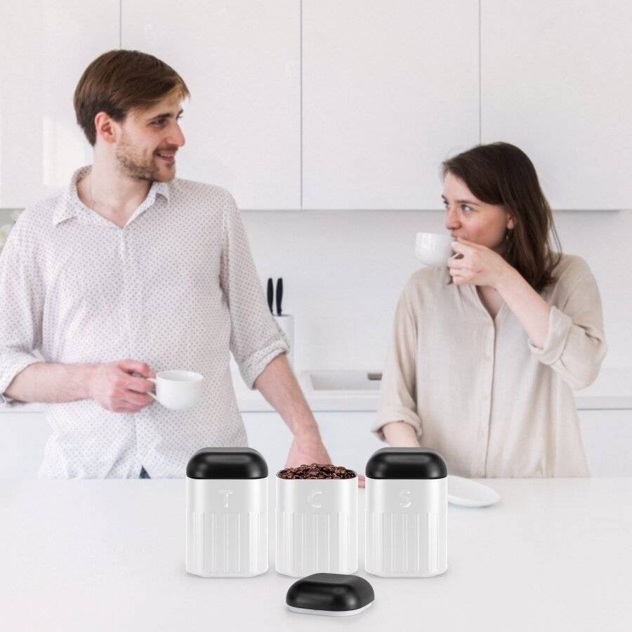 Set of 3 Tea, Coffee & Sugar Metal Jars With Curved Lid, White & Black