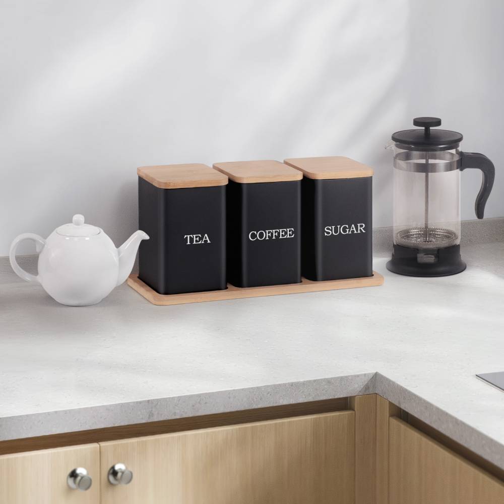 Set of 3 Tea, Coffee & Sugar Storage Jar With Bamboo Tray Stand, Black