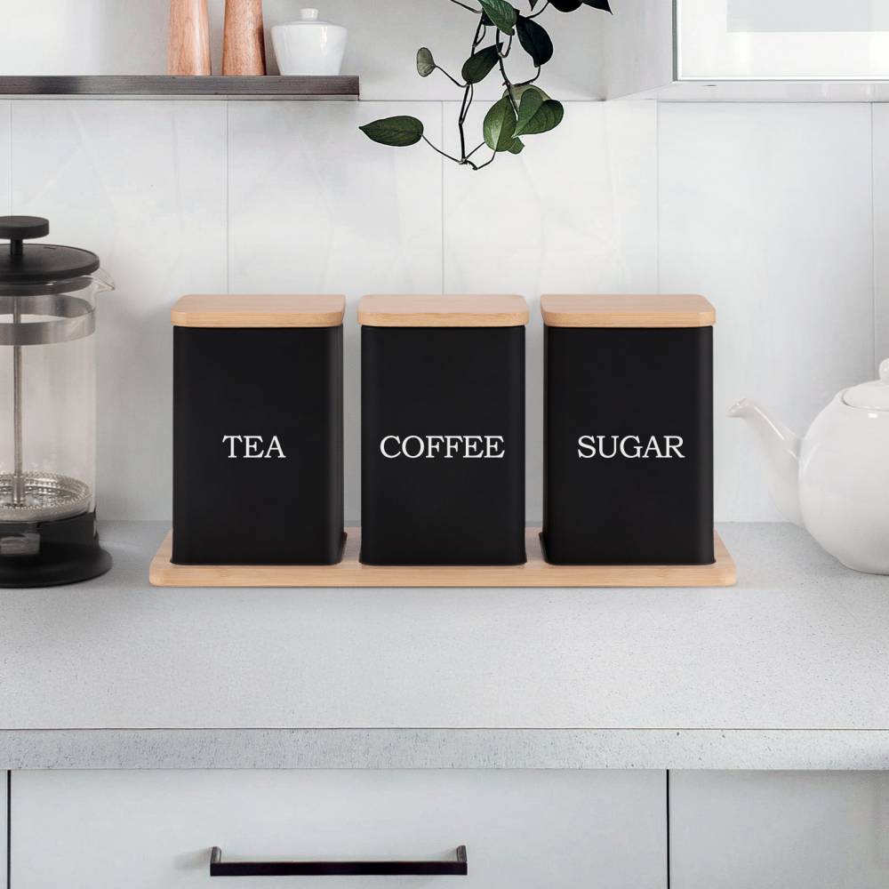 Set of 3 Tea, Coffee & Sugar Storage Jar With Bamboo Tray Stand, Black