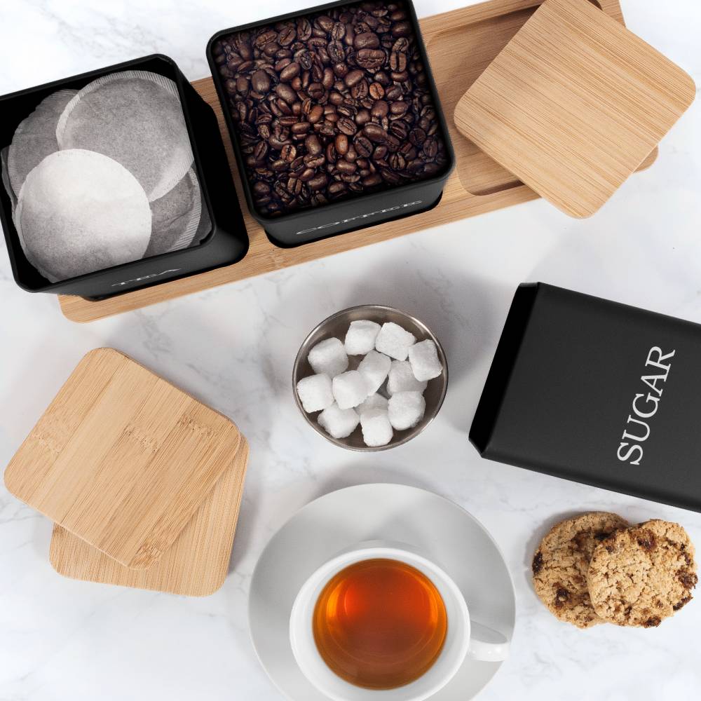 Set of 3 Tea, Coffee & Sugar Storage Jar With Bamboo Tray Stand, Black