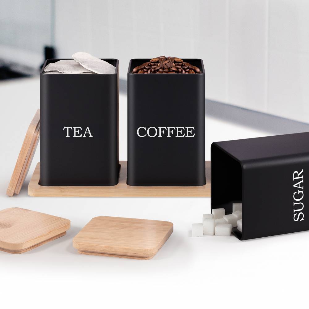 Set of 3 Tea, Coffee & Sugar Storage Jar With Bamboo Tray Stand, Black
