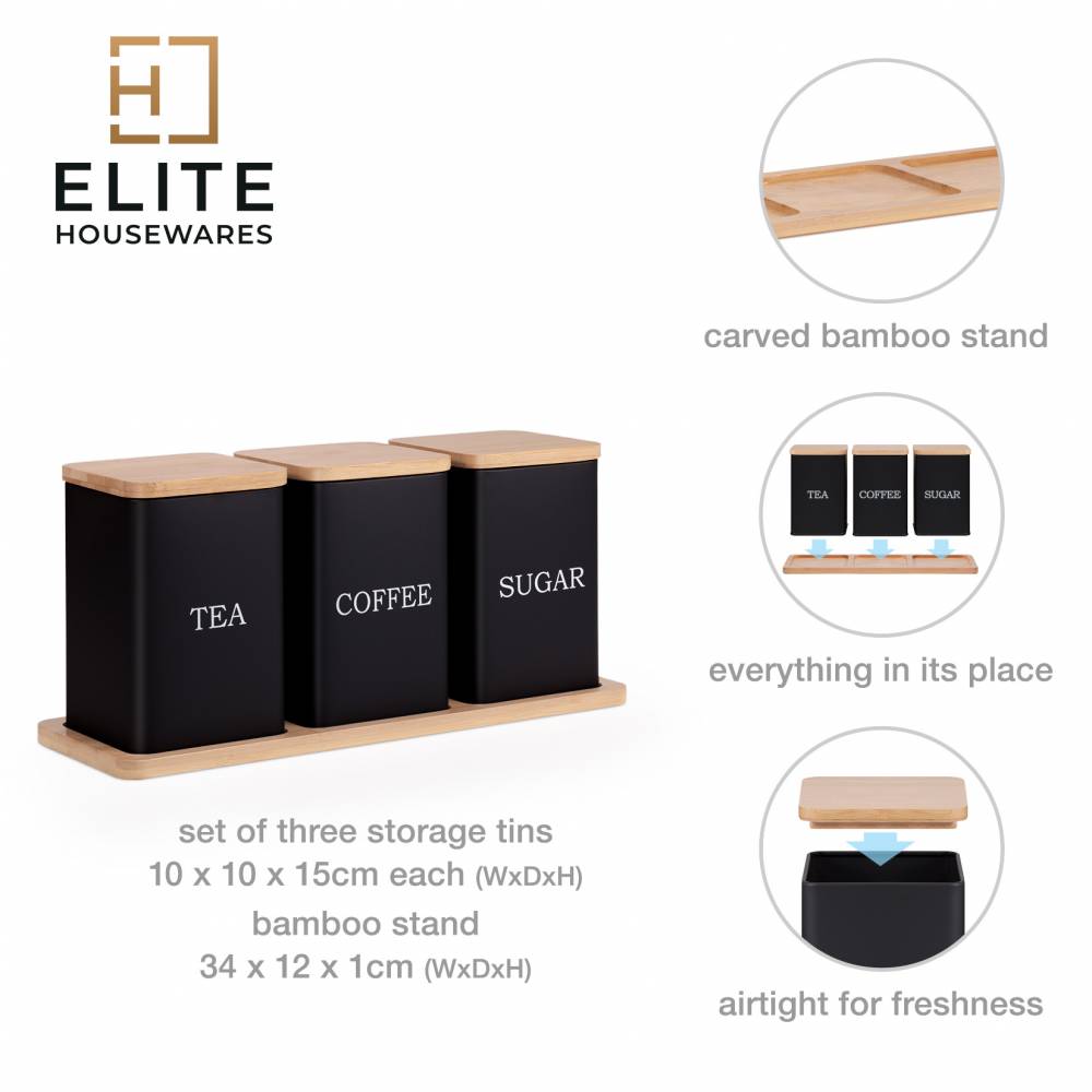 Set of 3 Tea, Coffee & Sugar Storage Jar With Bamboo Tray Stand, Black