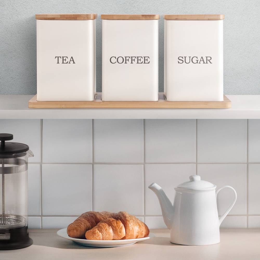 Set of 3 Tea, Coffee & Sugar Storage Jar With Bamboo Tray Stand, Cream