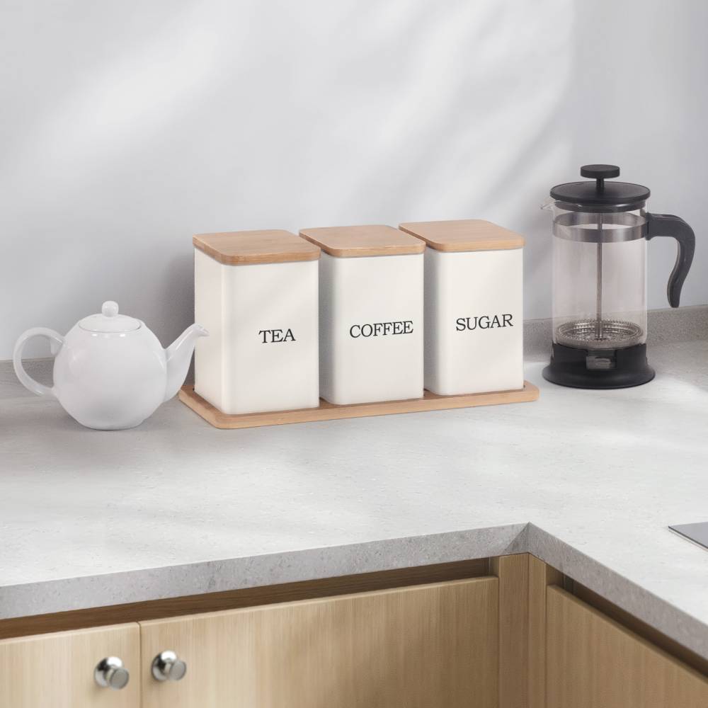 Set of 3 Tea, Coffee & Sugar Storage Jar With Bamboo Tray Stand, Cream