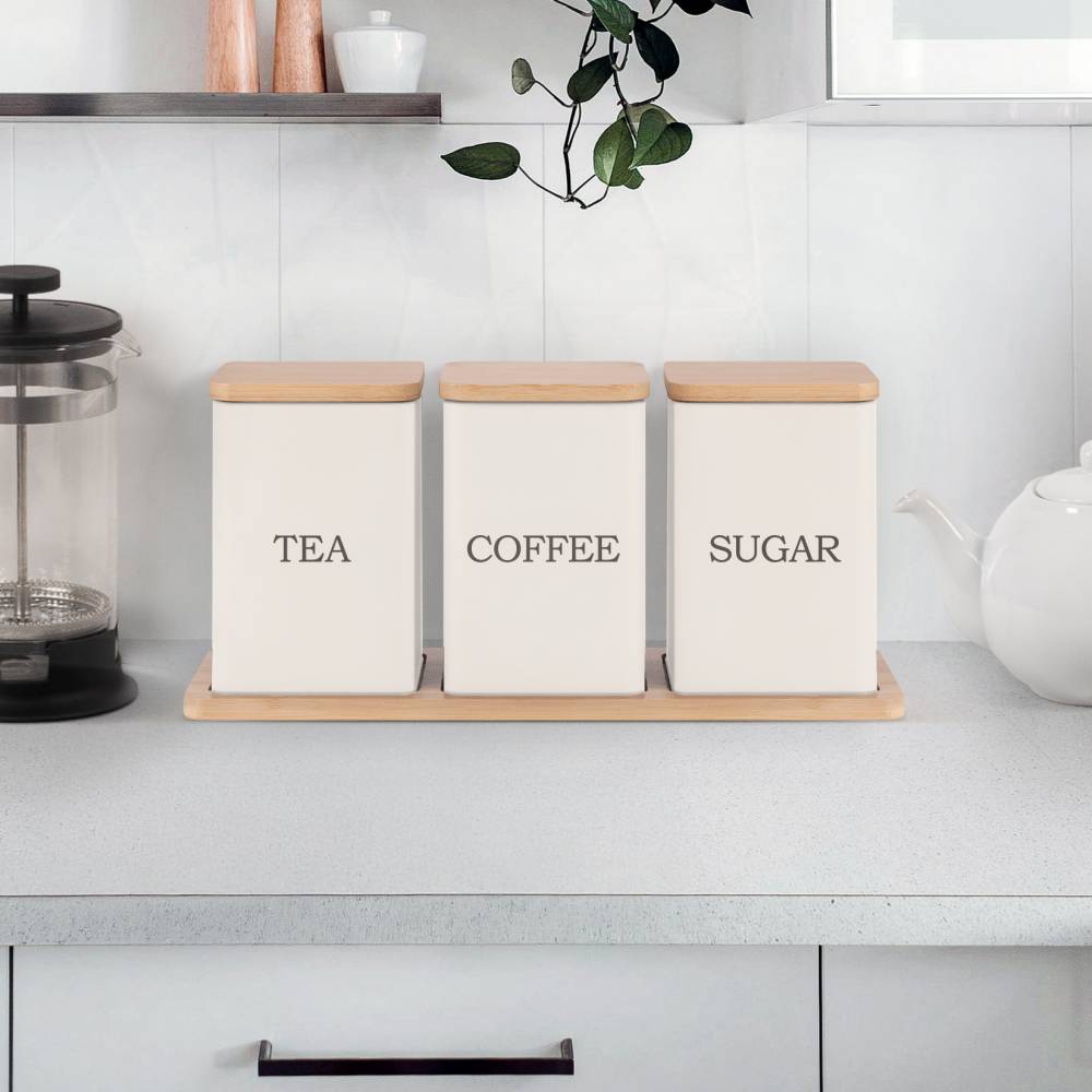 Set of 3 Tea, Coffee & Sugar Storage Jar With Bamboo Tray Stand, Cream