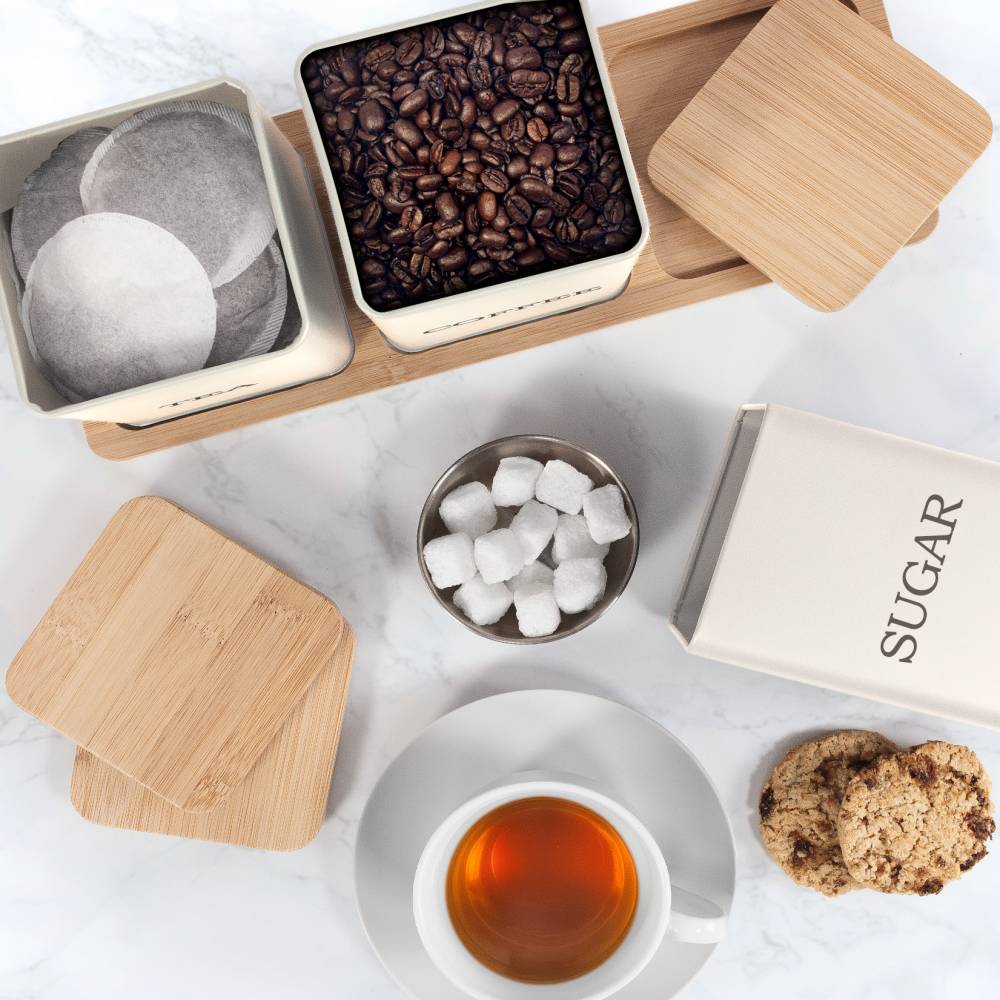 Set of 3 Tea, Coffee & Sugar Storage Jar With Bamboo Tray Stand, Cream