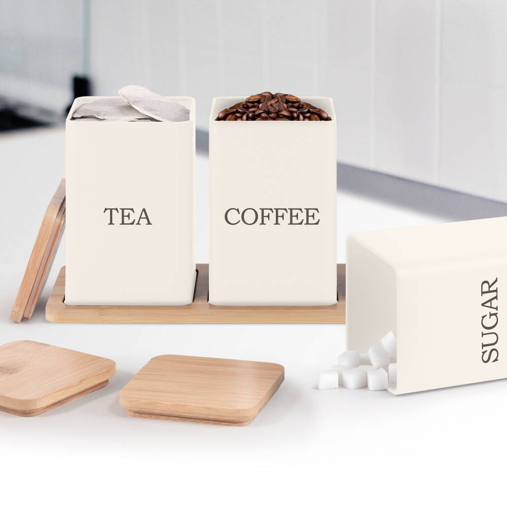 Set of 3 Tea, Coffee & Sugar Storage Jar With Bamboo Tray Stand, Cream