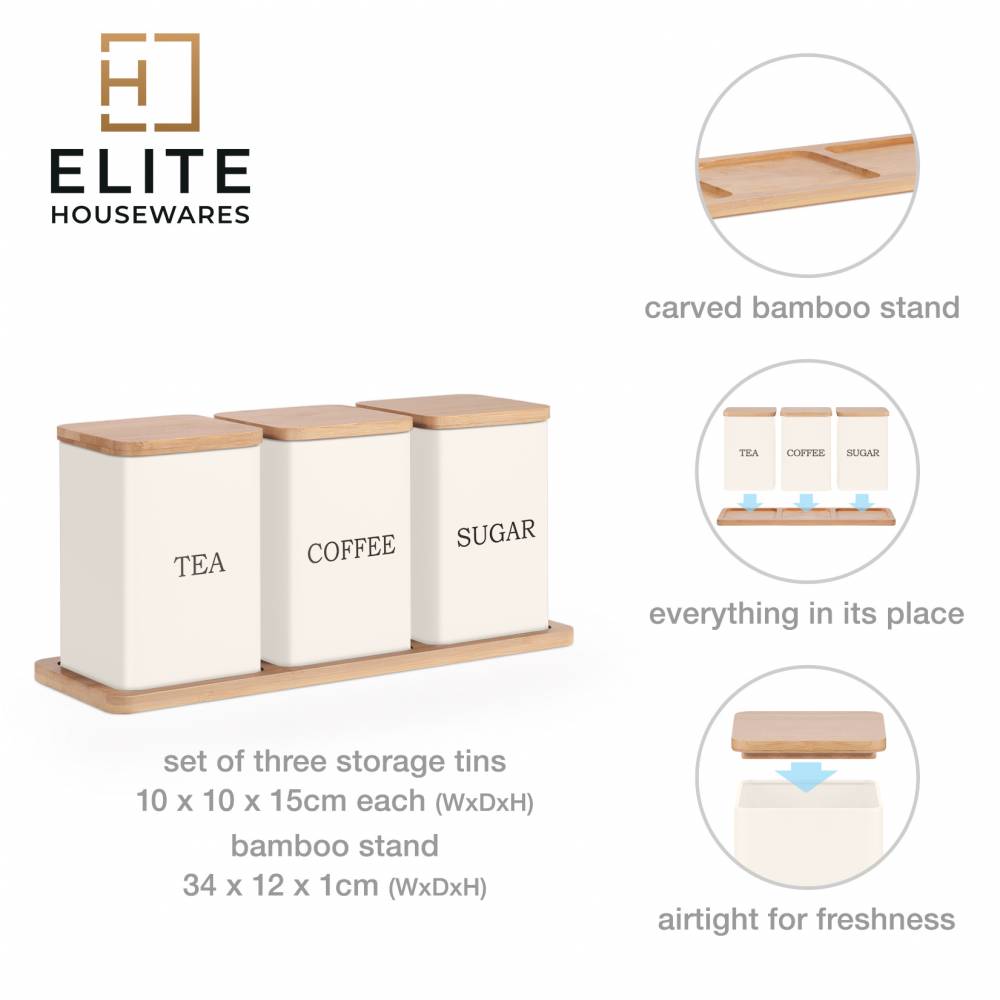 Set of 3 Tea, Coffee & Sugar Storage Jar With Bamboo Tray Stand, Cream
