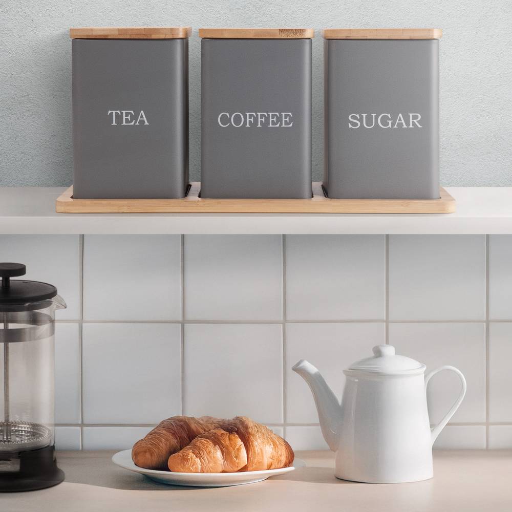 Set of 3 Tea, Coffee & Sugar Storage Jar With Bamboo Tray Stand, Grey