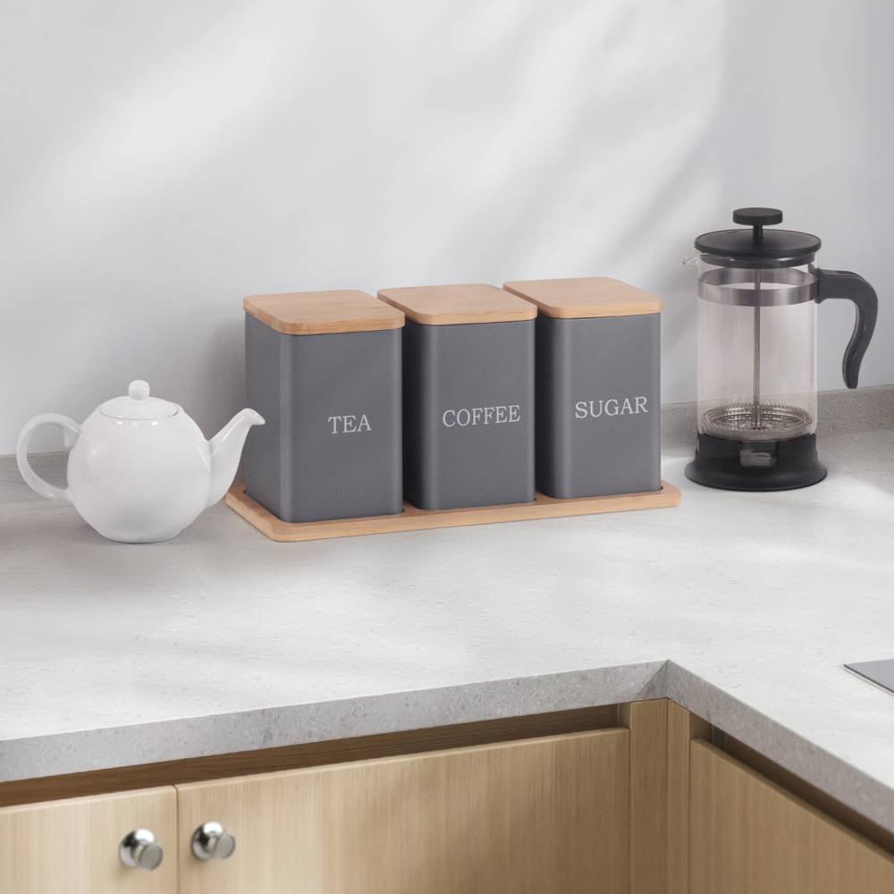 Set of 3 Tea, Coffee & Sugar Storage Jar With Bamboo Tray Stand, Grey