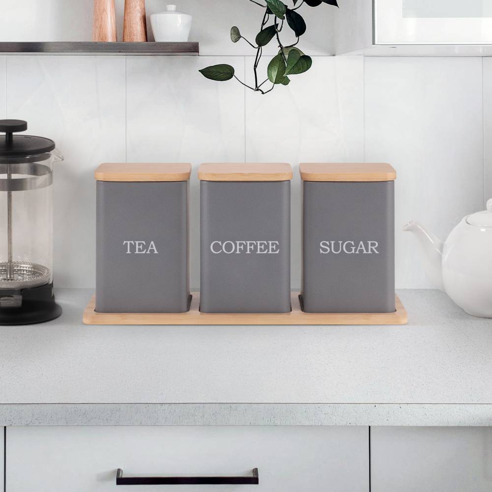 Set of 3 Tea, Coffee & Sugar Storage Jar With Bamboo Tray Stand, Grey