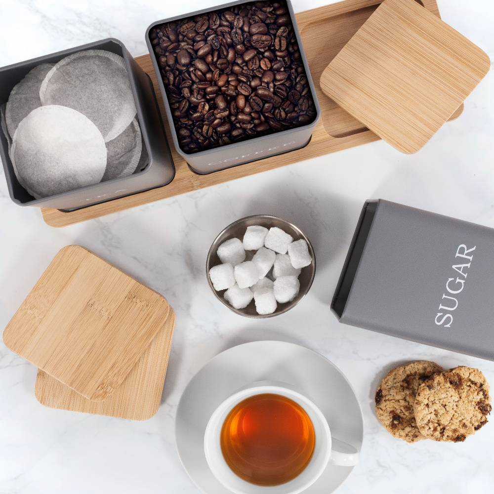 Set of 3 Tea, Coffee & Sugar Storage Jar With Bamboo Tray Stand, Grey