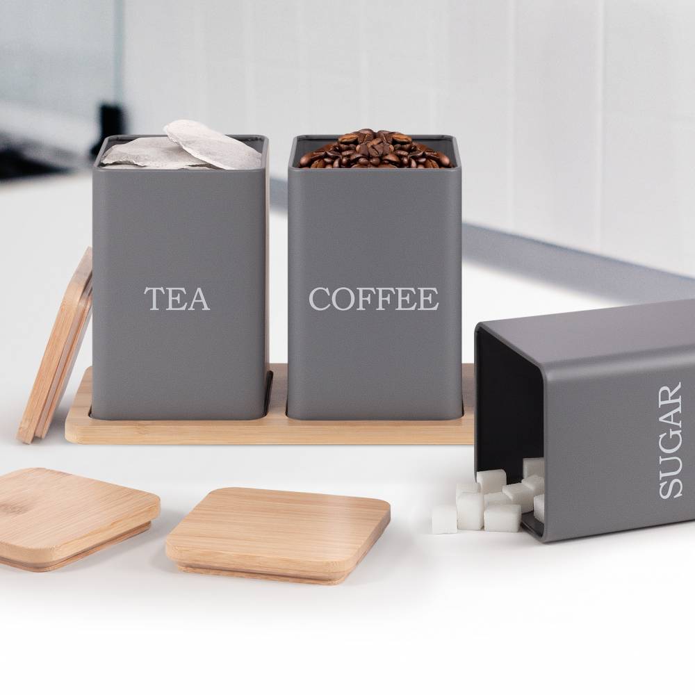 Set of 3 Tea, Coffee & Sugar Storage Jar With Bamboo Tray Stand, Grey