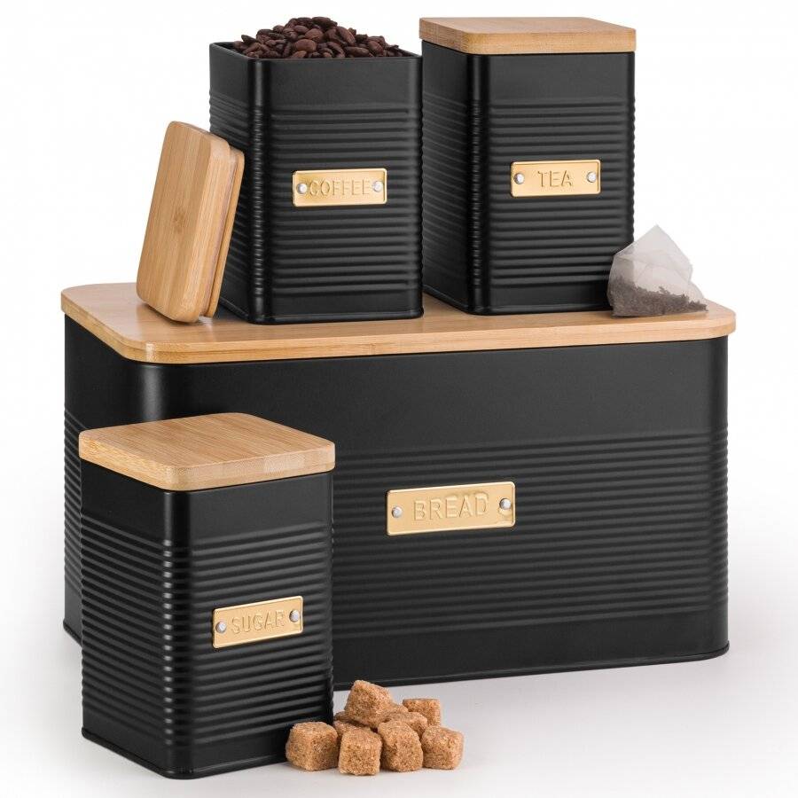 Set of 4 Bread, Tea,Coffee & Sugar Metal Jars With Bamboo Lid, Black