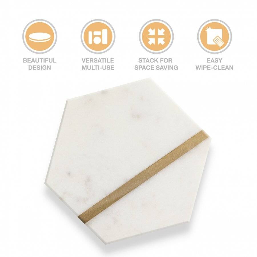 Set of 4 Handcrafted Marble Costers With Golden Colour Inlay, White