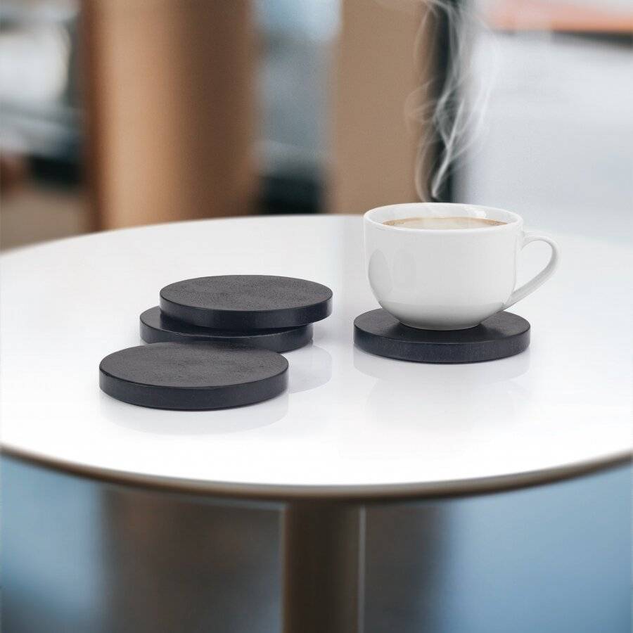 Set of 4 Handcrafted Round Marble Coasters With Plastic Grip, Black