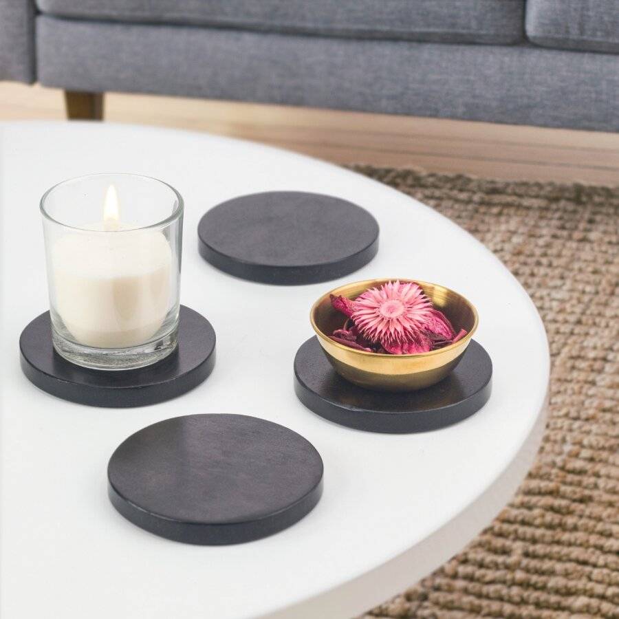 Set of 4 Handcrafted Round Marble Coasters With Plastic Grip, Black