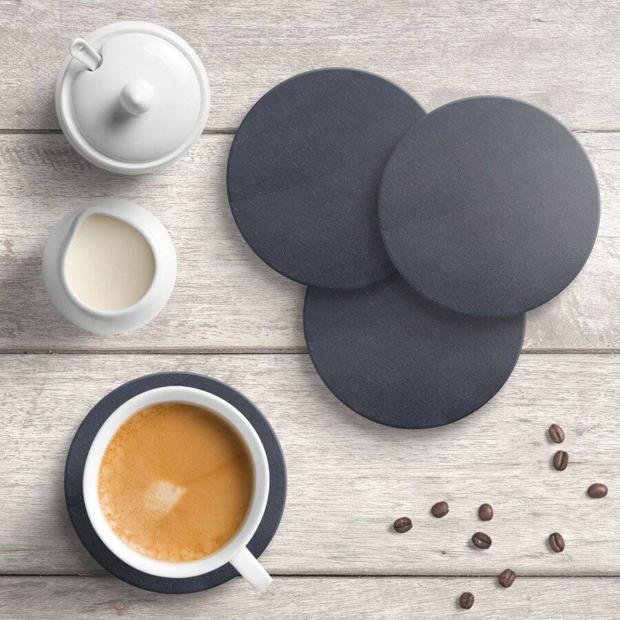 Set of 4 Handcrafted Round Marble Coasters With Plastic Grip, Black