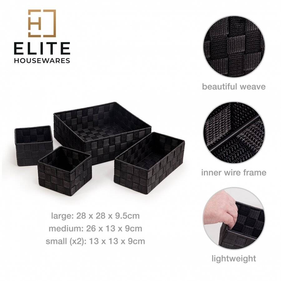 Set of 4 Multi-purpose Polypropylene Shelf Storage Basket Set, Black