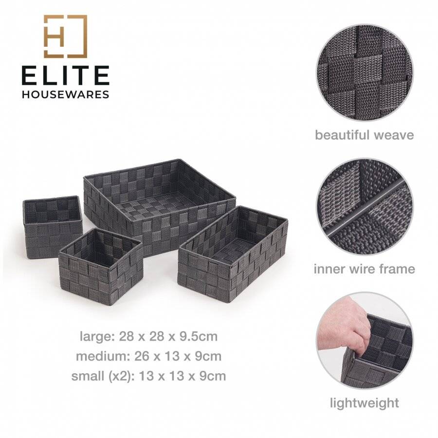 Set of 4 Multi-purpose Polypropylene Shelf Storage Basket Set, Grey