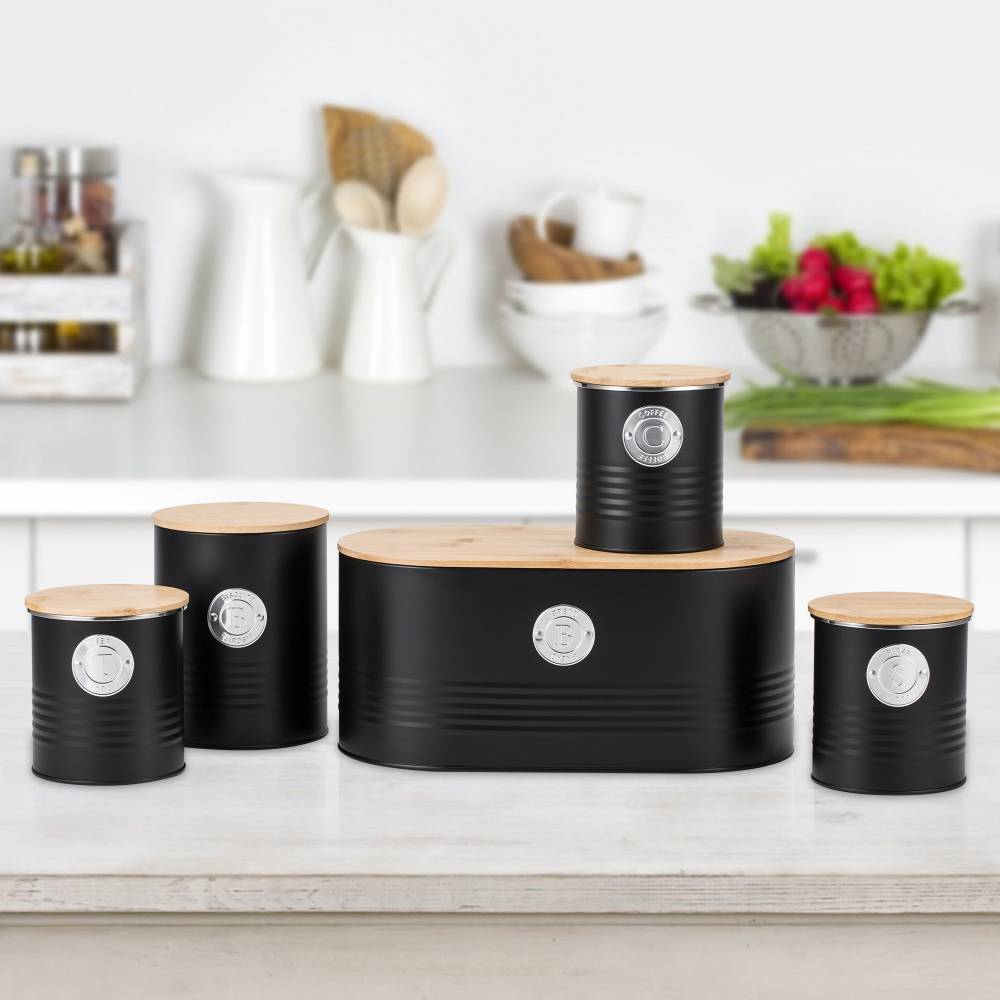 Set of 5 Tea, Sugar, Coffee, Biscuit & Bread Bin Jars With Lid, Black