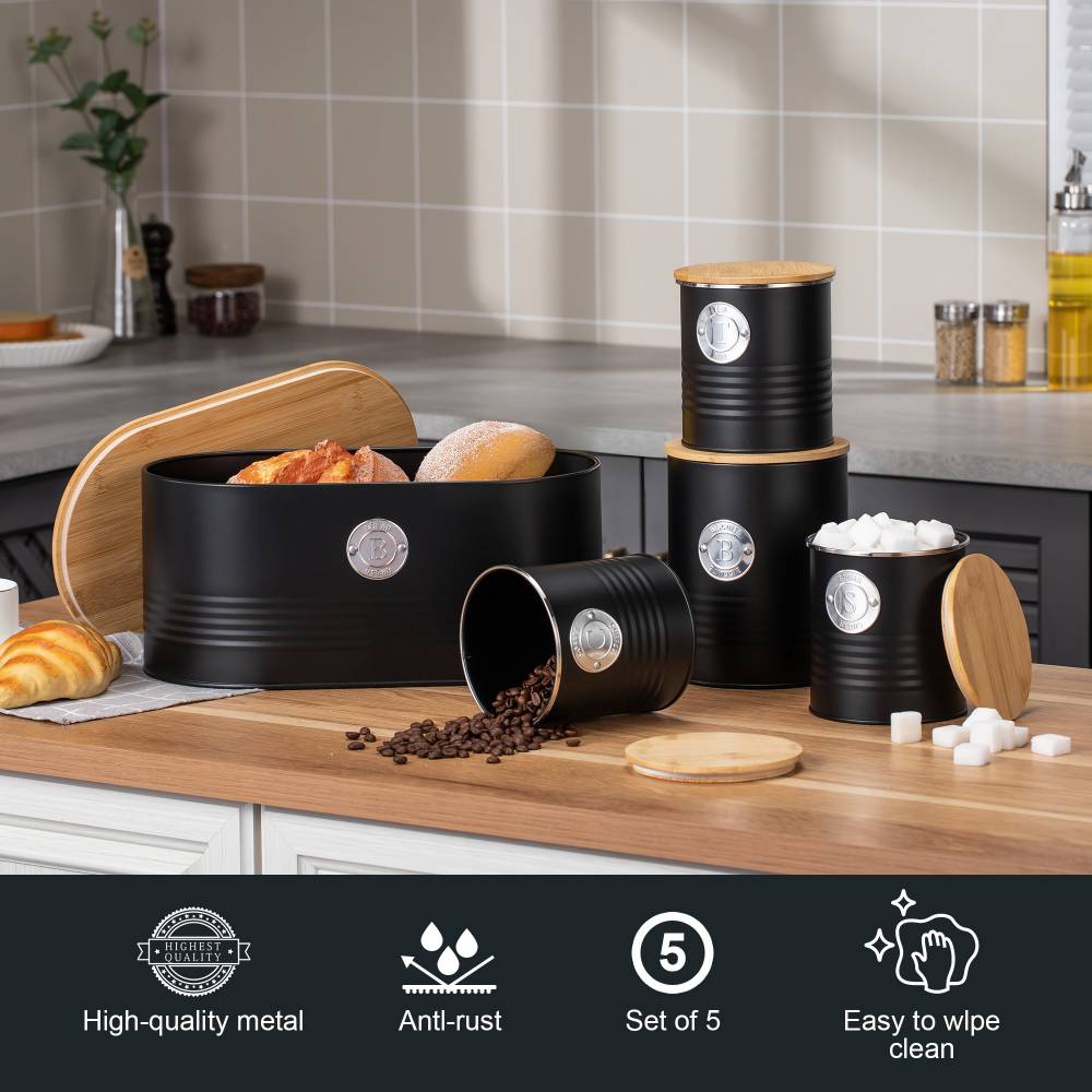 Set of 5 Tea, Sugar, Coffee, Biscuit & Bread Bin Jars With Lid, Black