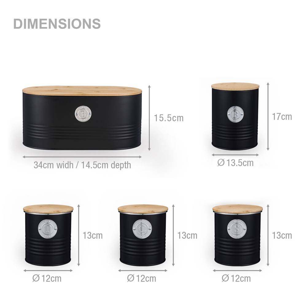 Set of 5 Tea, Sugar, Coffee, Biscuit & Bread Bin Jars With Lid, Black