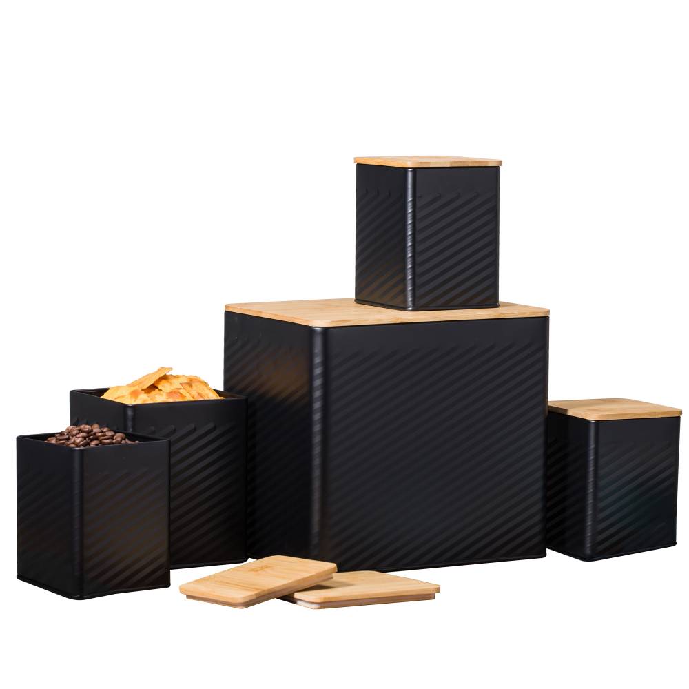 Set of 5 Tea, Sugar, Coffee, Biscuit & Bread Bin Jars With Lid, Black