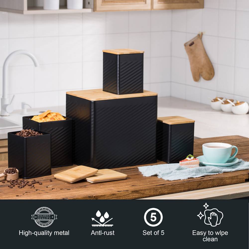 Set of 5 Tea, Sugar, Coffee, Biscuit & Bread Bin Jars With Lid, Black