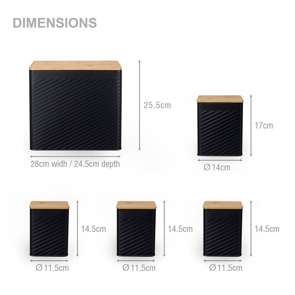 Set of 5 Tea, Sugar, Coffee, Biscuit & Bread Bin Jars With Lid, Black