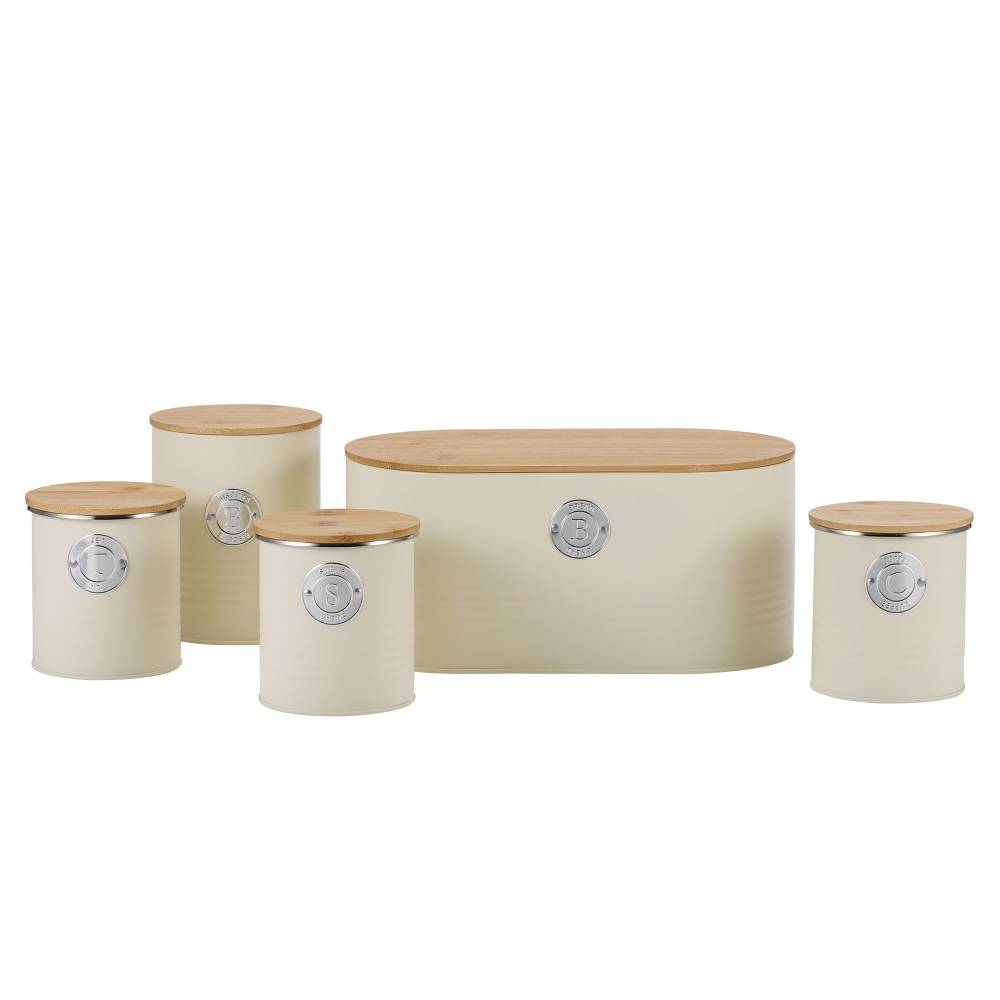 Set of 5 Tea, Sugar, Coffee, Biscuit & Bread Bin Jars With Lid, Cream