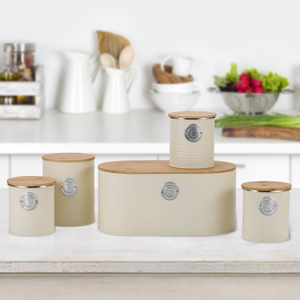 Set of 5 Tea, Sugar, Coffee, Biscuit & Bread Bin Jars With Lid, Cream