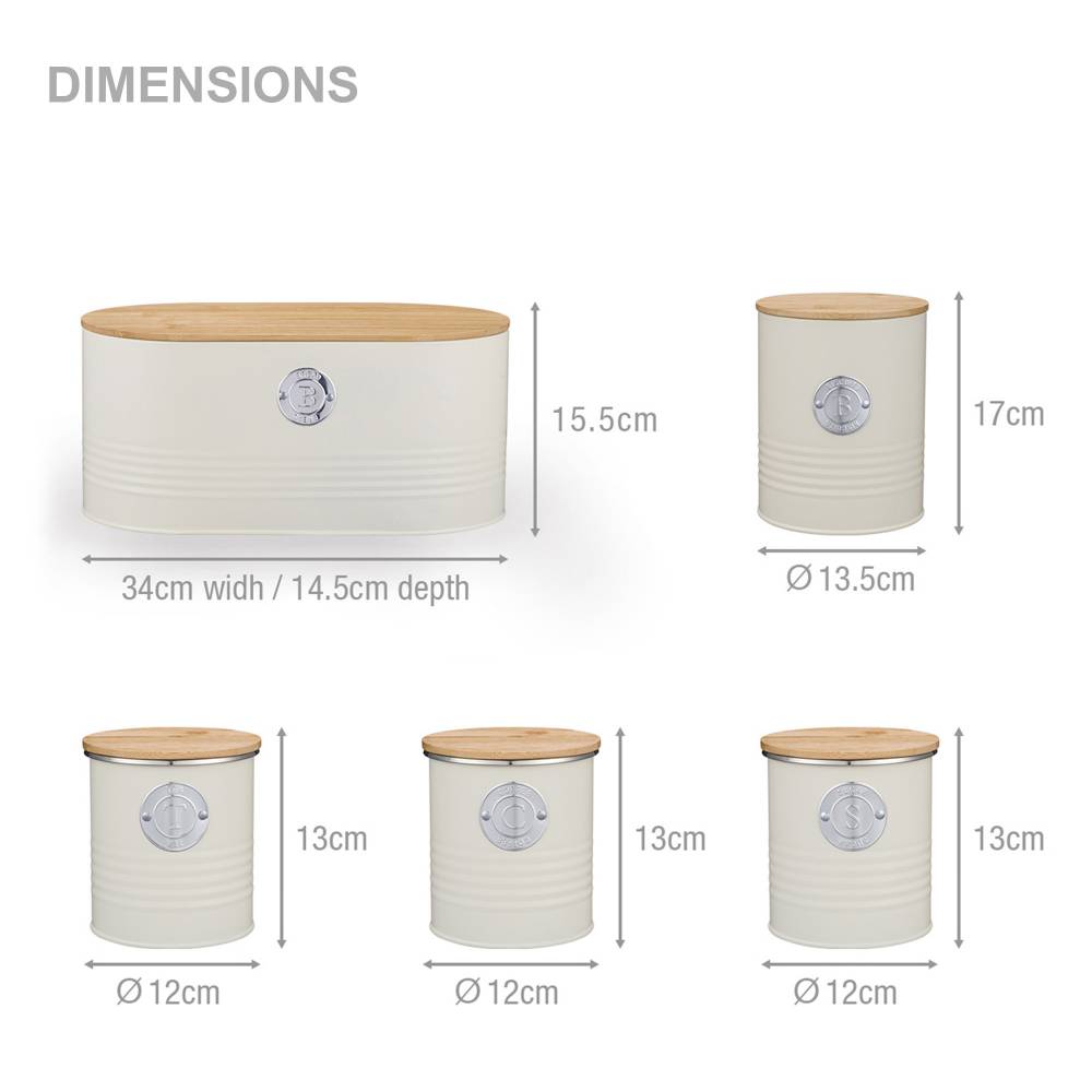 Set of 5 Tea, Sugar, Coffee, Biscuit & Bread Bin Jars With Lid, Cream