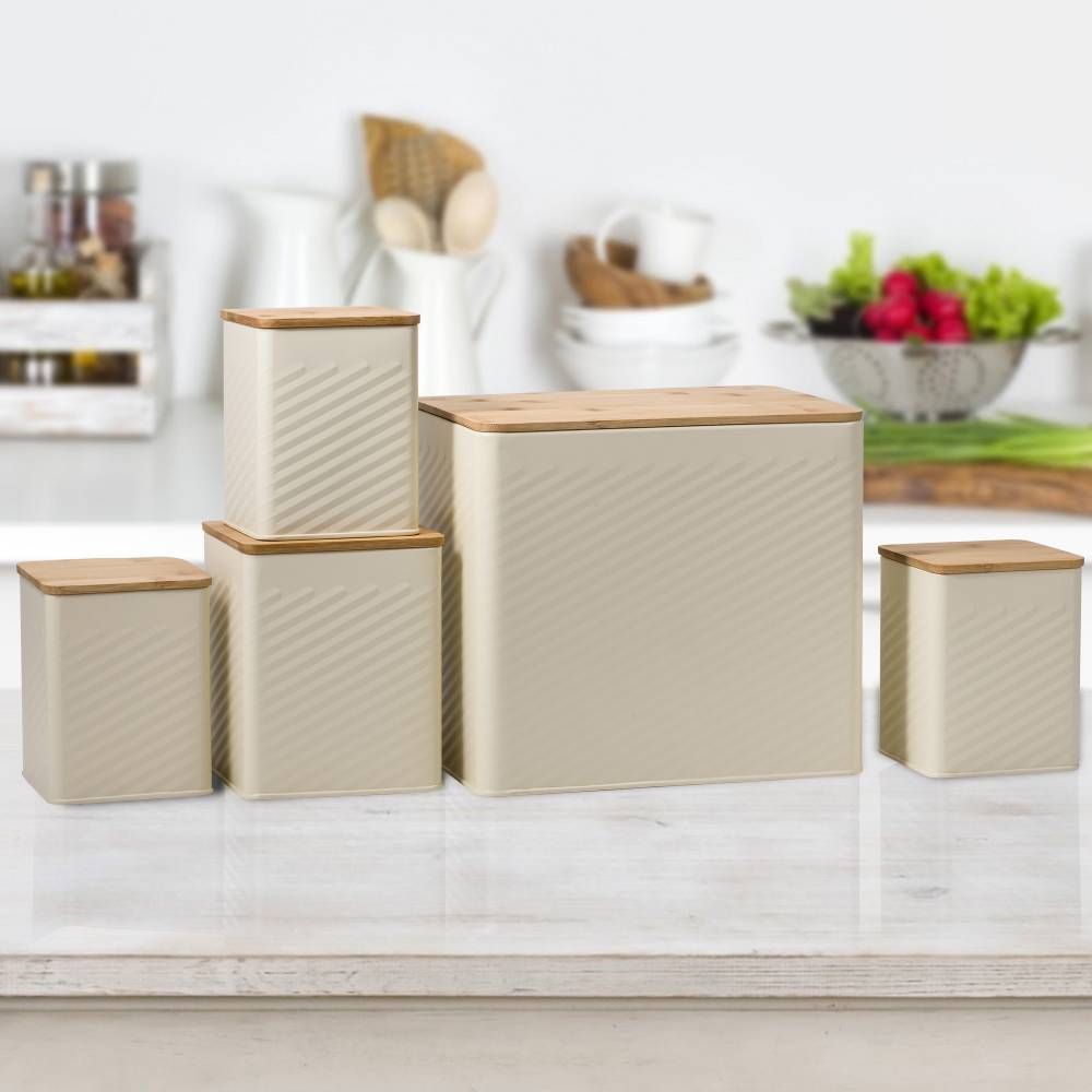 Set of 5 Tea, Sugar, Coffee, Biscuit & Bread Bin Jars With Lid, Cream