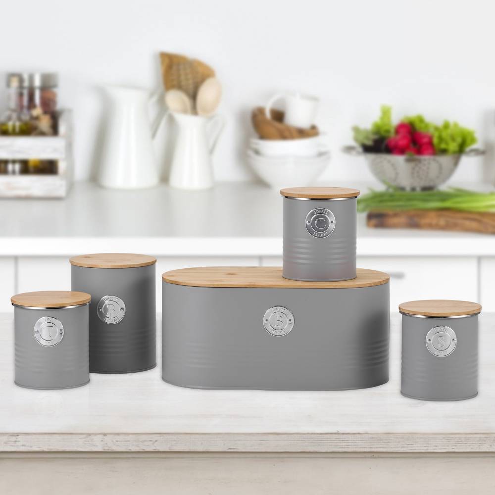 Set of 5 Tea, Sugar, Coffee, Biscuit & Bread Bin Jars With Lid, Grey