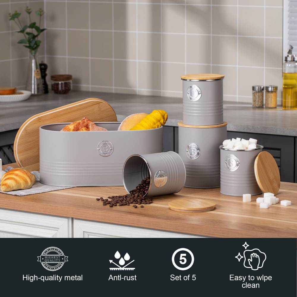 Set of 5 Tea, Sugar, Coffee, Biscuit & Bread Bin Jars With Lid, Grey
