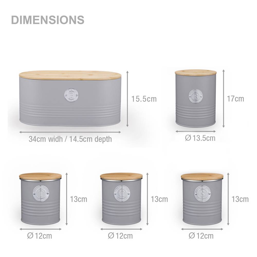 Set of 5 Tea, Sugar, Coffee, Biscuit & Bread Bin Jars With Lid, Grey