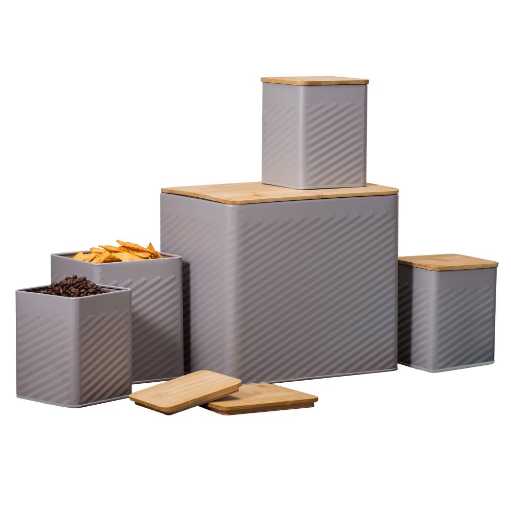 Set of 5 Tea, Sugar, Coffee, Biscuit & Bread Bin Jars With Lid, Grey