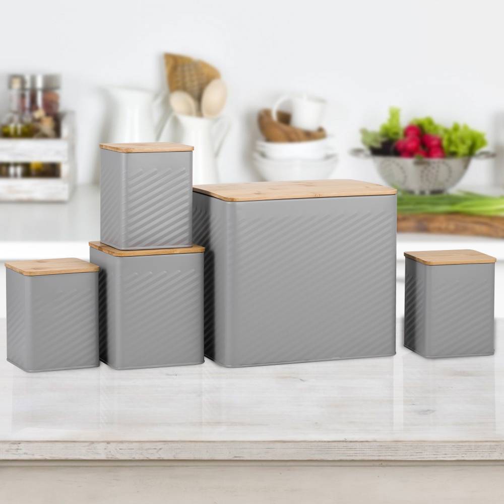 Set of 5 Tea, Sugar, Coffee, Biscuit & Bread Bin Jars With Lid, Grey