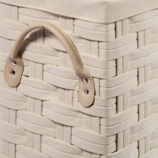 Slimline Laundry Linen Basket With Lid & Faux Leather Handle, Cream